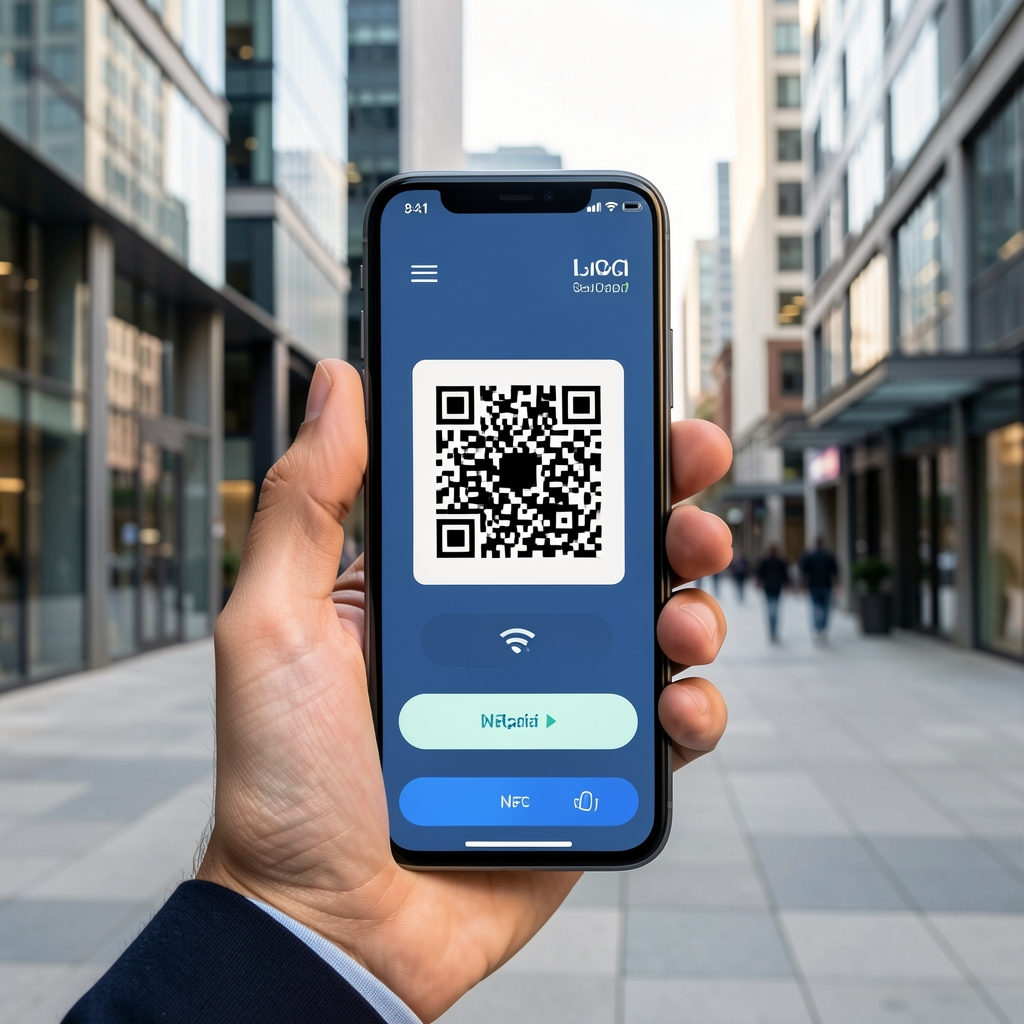 Дигиталне трансакције — мобилно банкарство са приказом QR кода и NFC плаћања у модерном урбаном окружењу