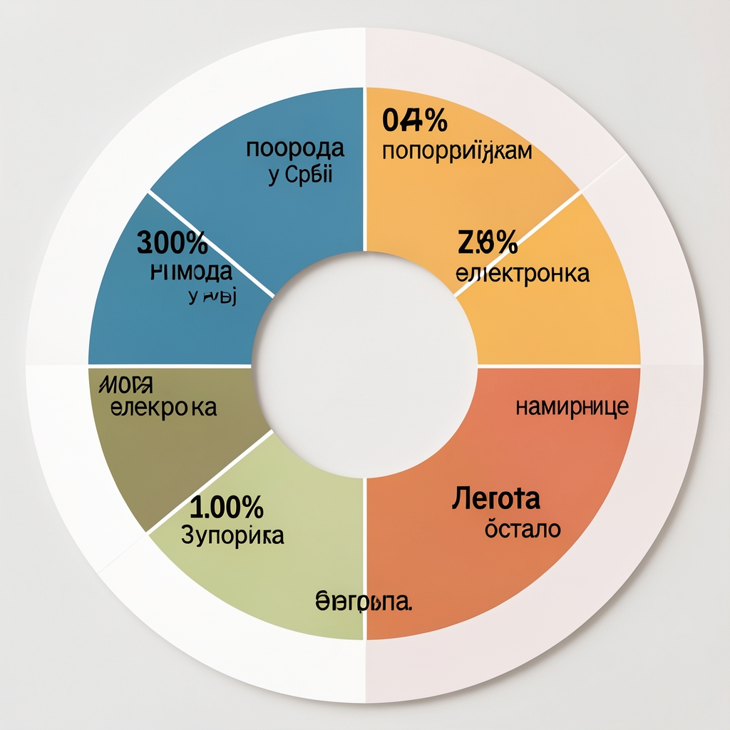 Кружна инфографика са расподелом онлајн куповине по категоријама производа у Србији — мода, електроника, намирнице, лепота и остало, са процентуалним ознакама